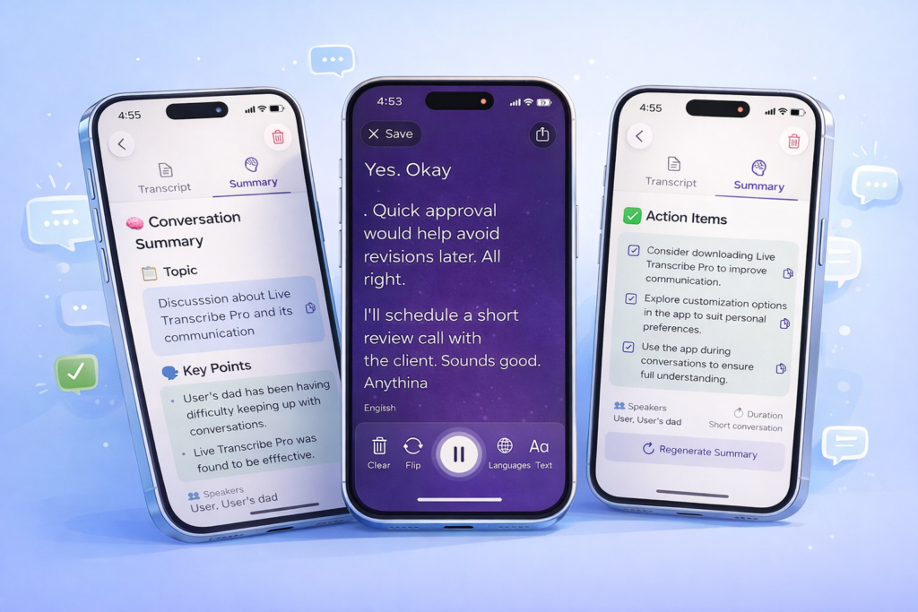 iScribe best speech to text app for hearing impaired showing real-time voice to text transcription on iPhone screen with speaker identification and auto speech to text features