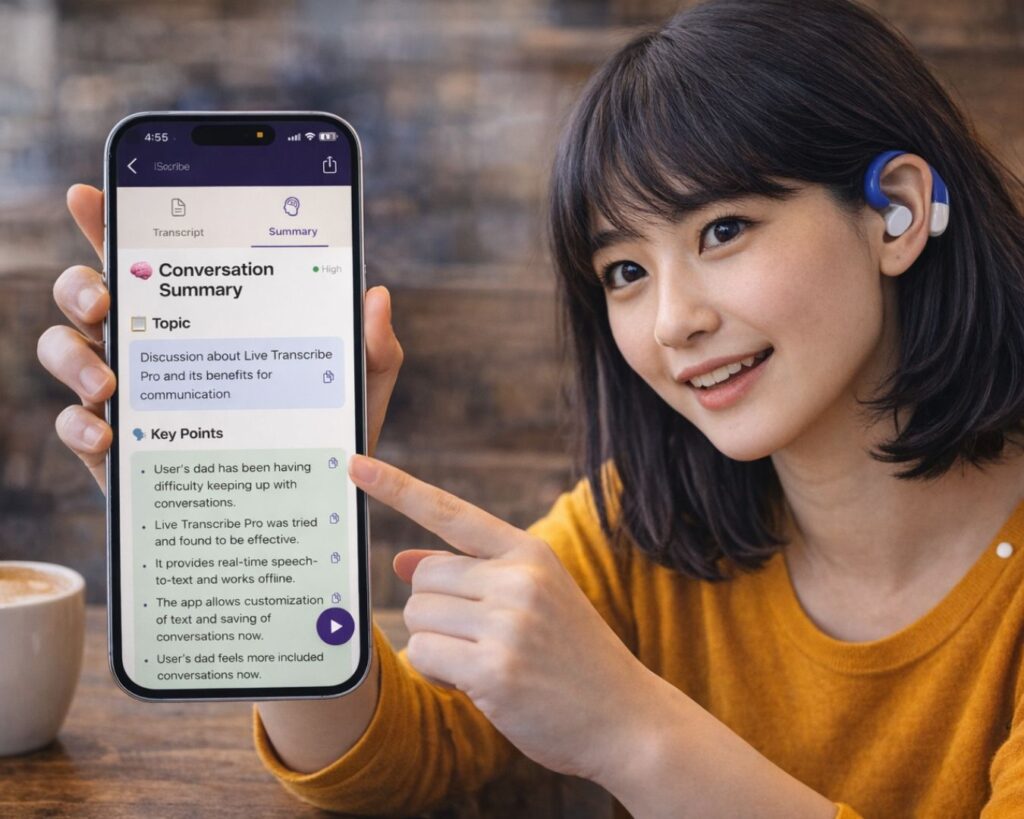 AI-powered summary feature in best voice to text app for deaf showing conversation insights and key points