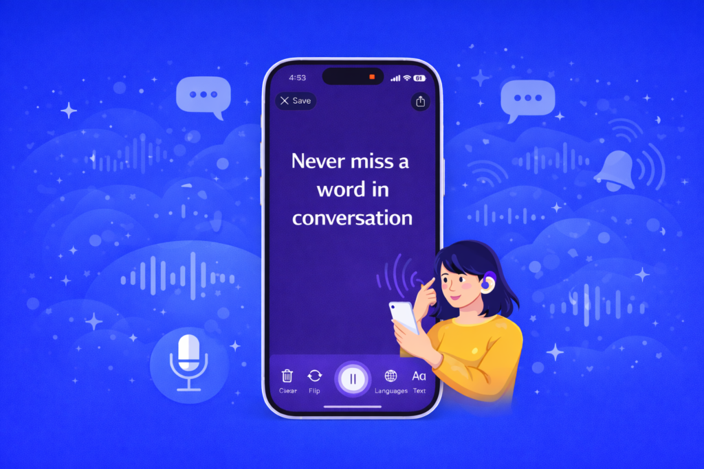 iScribe speech to text app for deaf users showing real-time live transcription on iPhone with large readable text