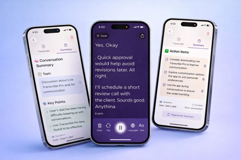 iScribe best speech to text app for hearing impaired showing real-time voice to text transcription on iPhone screen with speaker identification and auto speech to text features
