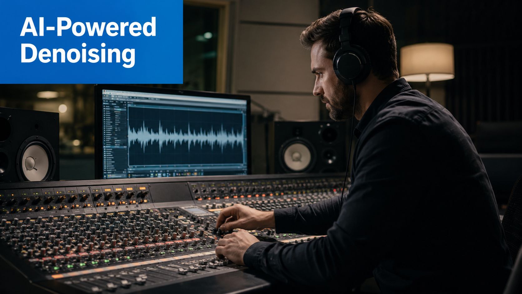 A professional audio engineer adjusting sound levels on a large mixing console in a recording studio.