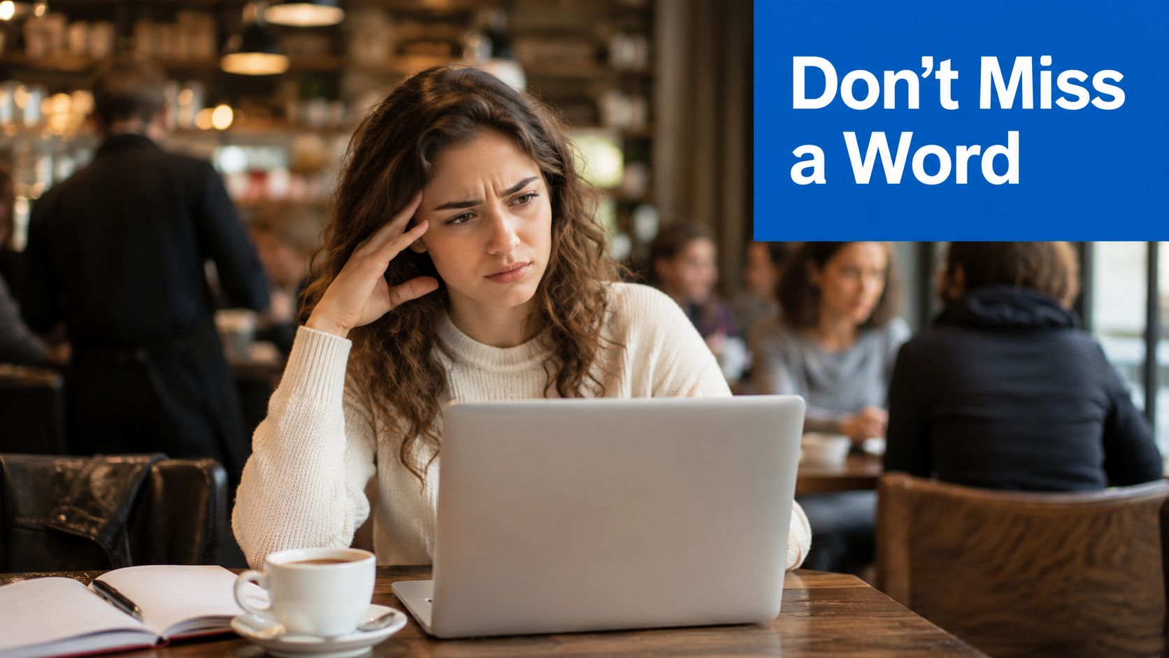 A young woman looking frustrated while working on her laptop in a busy coffee shop.