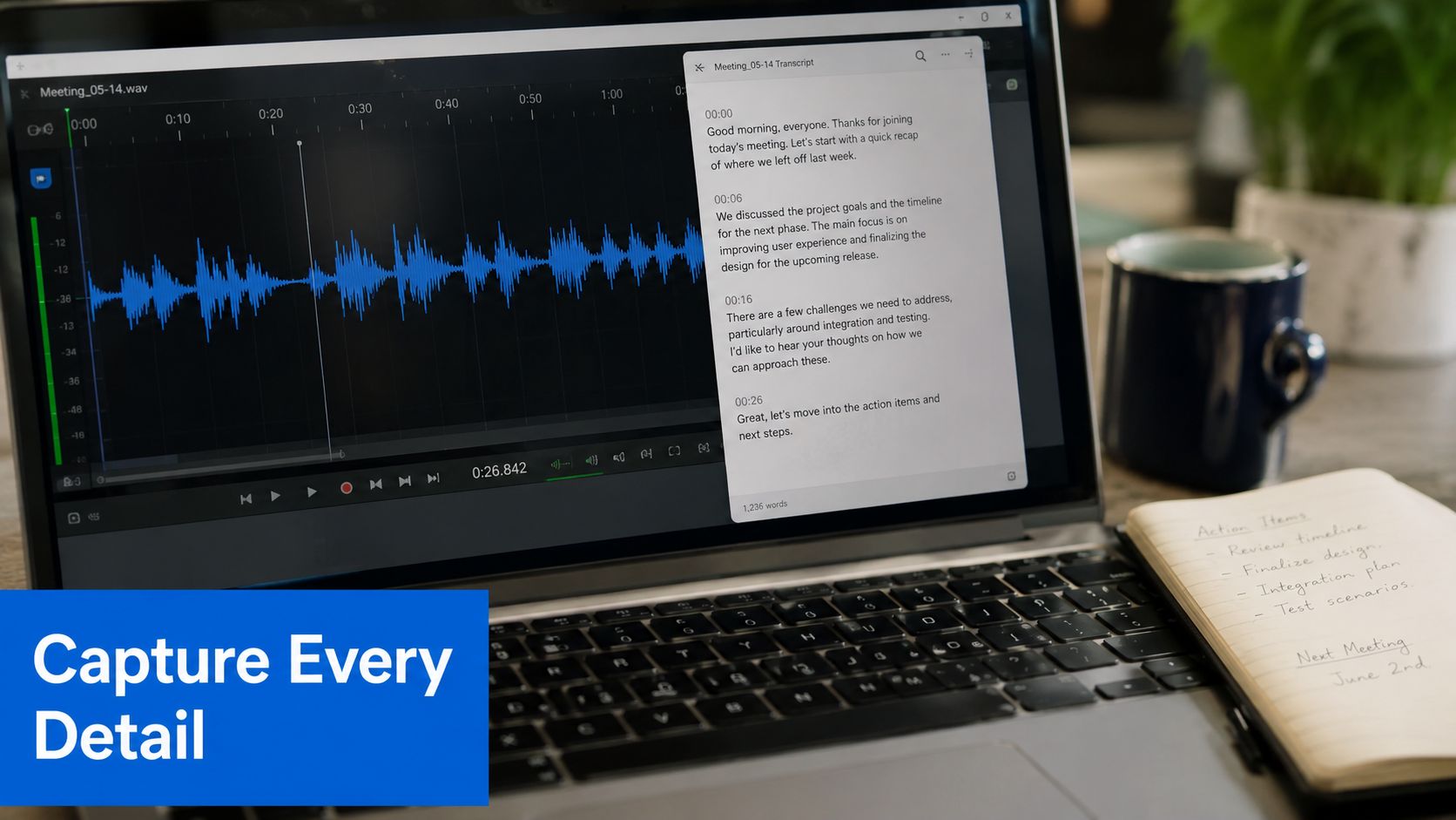 A laptop screen displaying an audio file transcription with a handwritten action items notepad alongside it.
