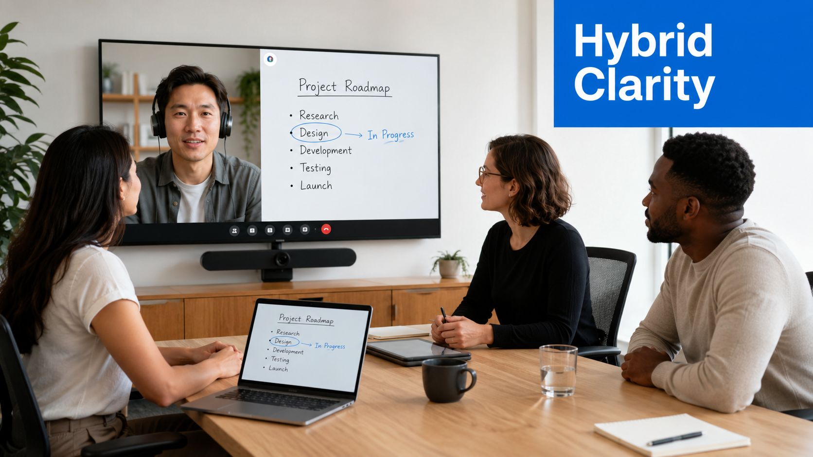 A diverse team in a hybrid office meeting with a remote colleague via a large video display.