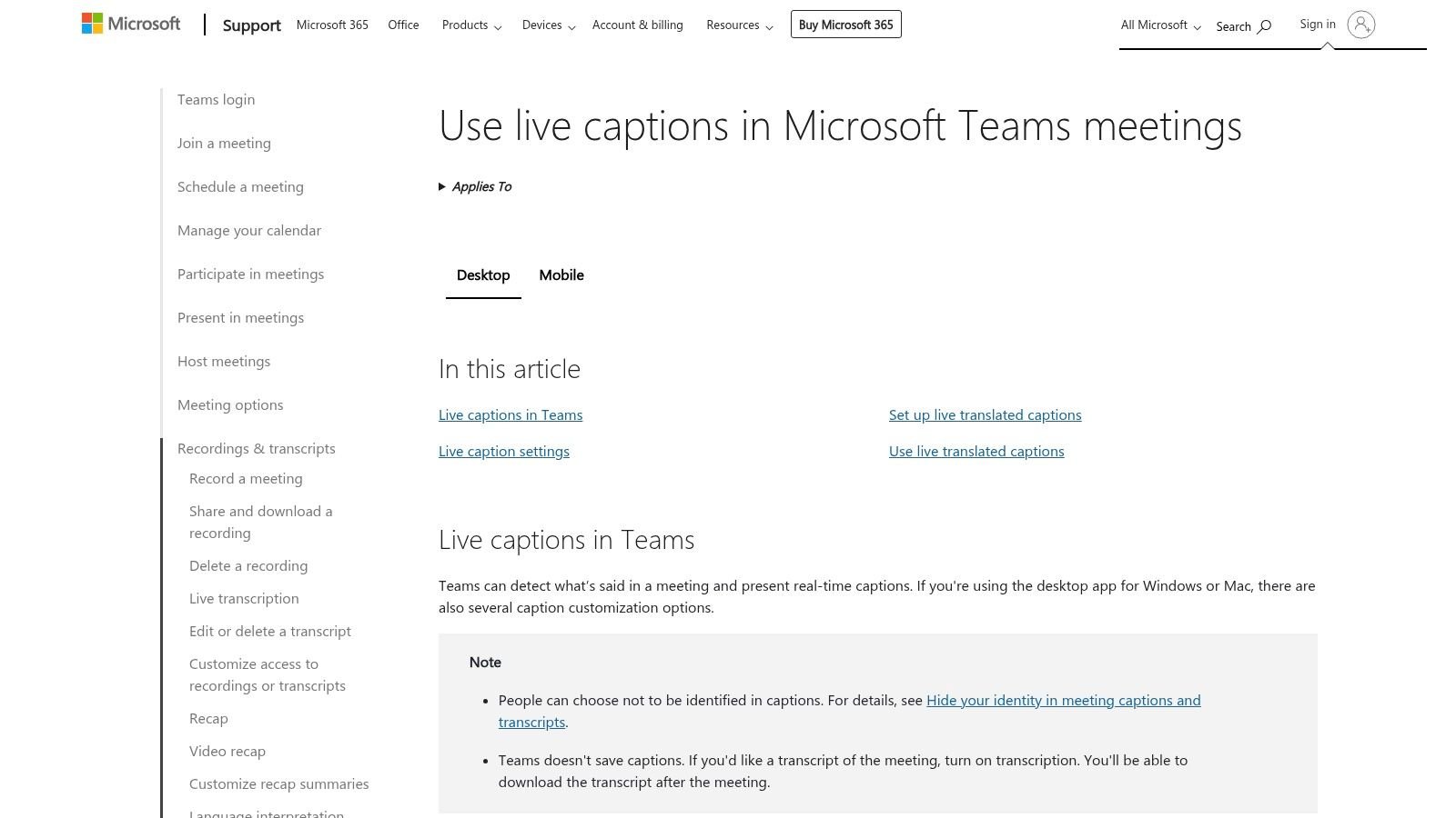 Microsoft Teams Live Captions and Transcripts