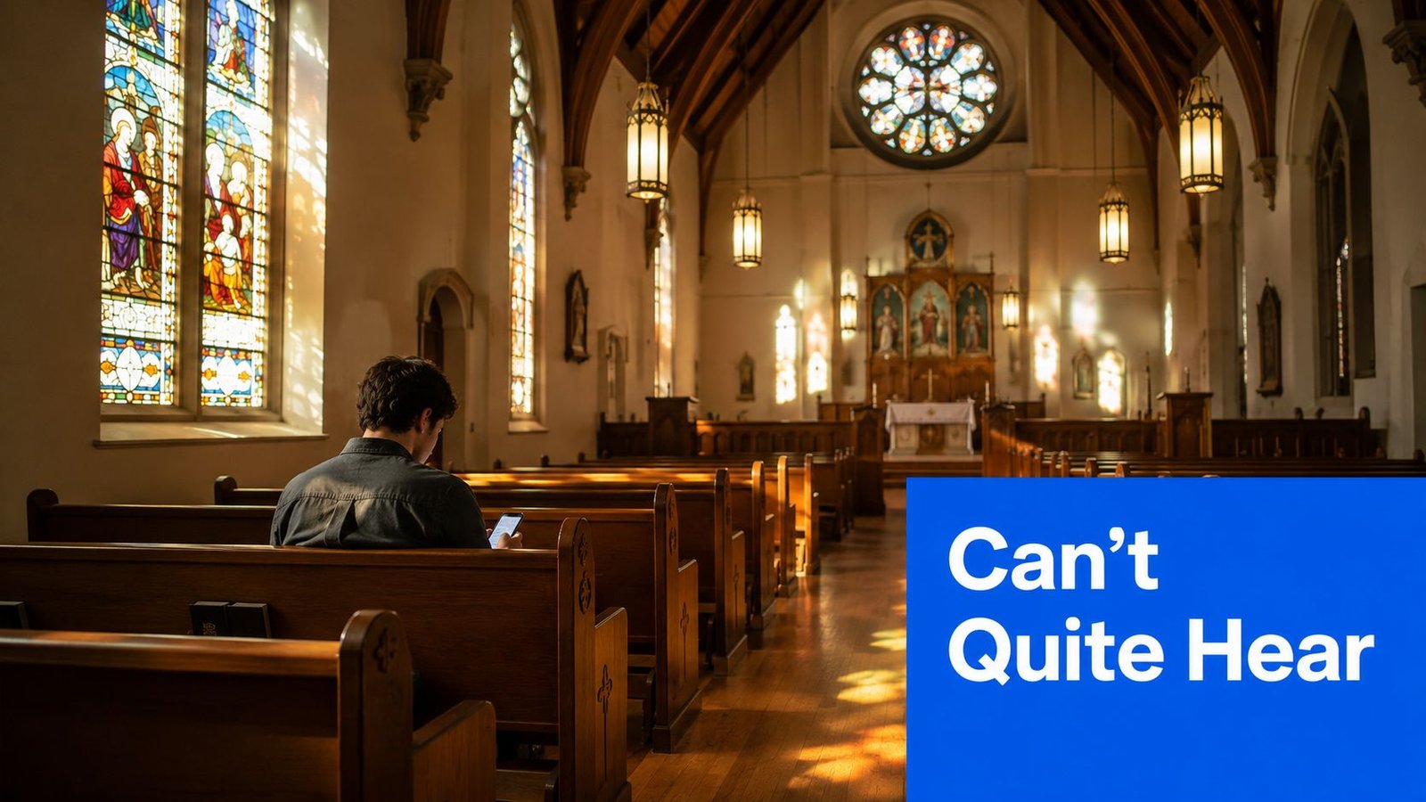 A person sitting alone in a church pew looking at a smartphone during a service.