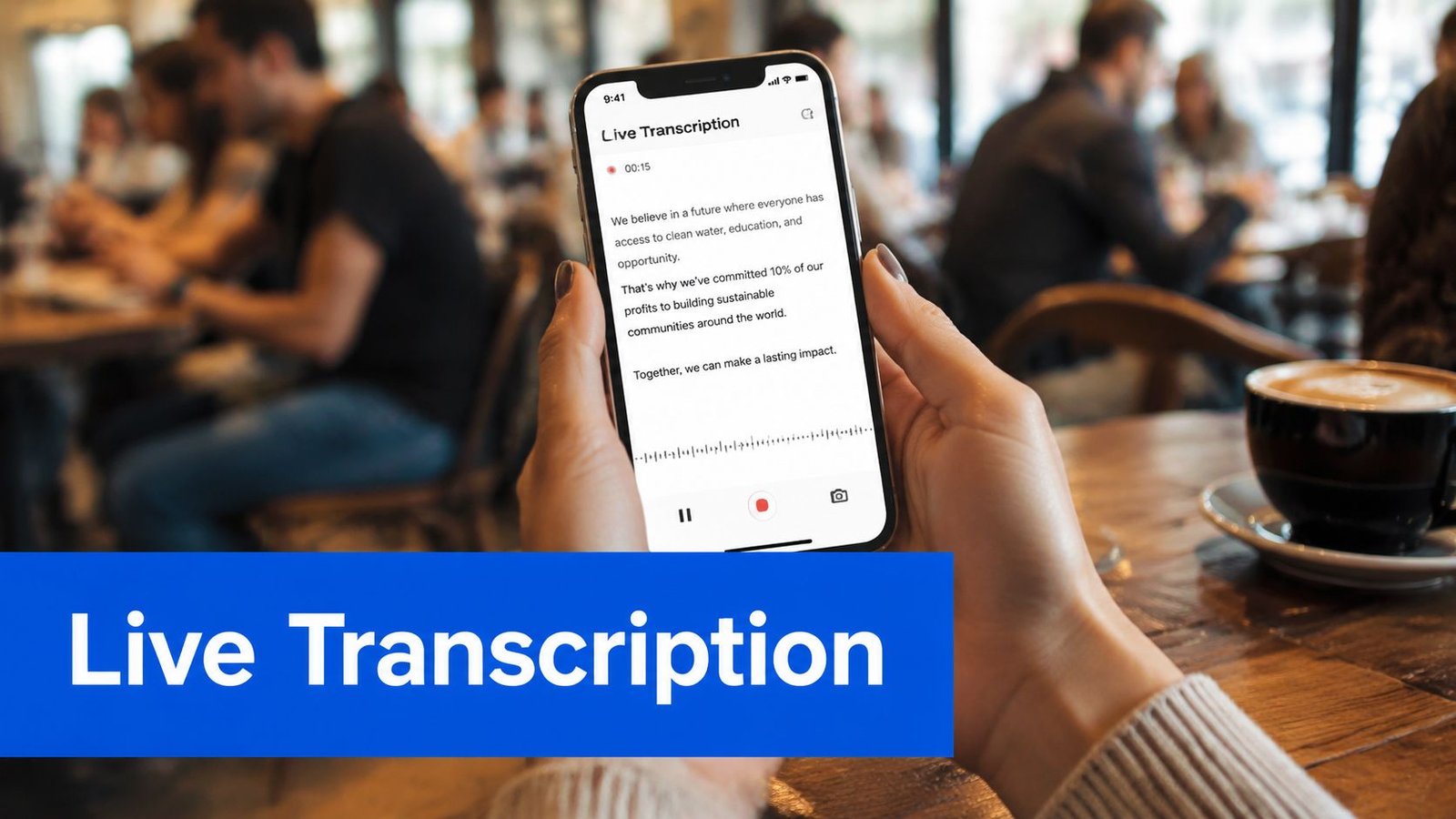 A close-up of a person holding a smartphone showing a live transcription app in a cafe.