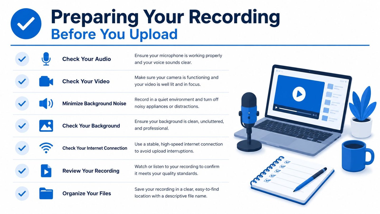 A checklist infographic titled Preparing Your Recording Before You Upload with tips for audio, video, and file organization.