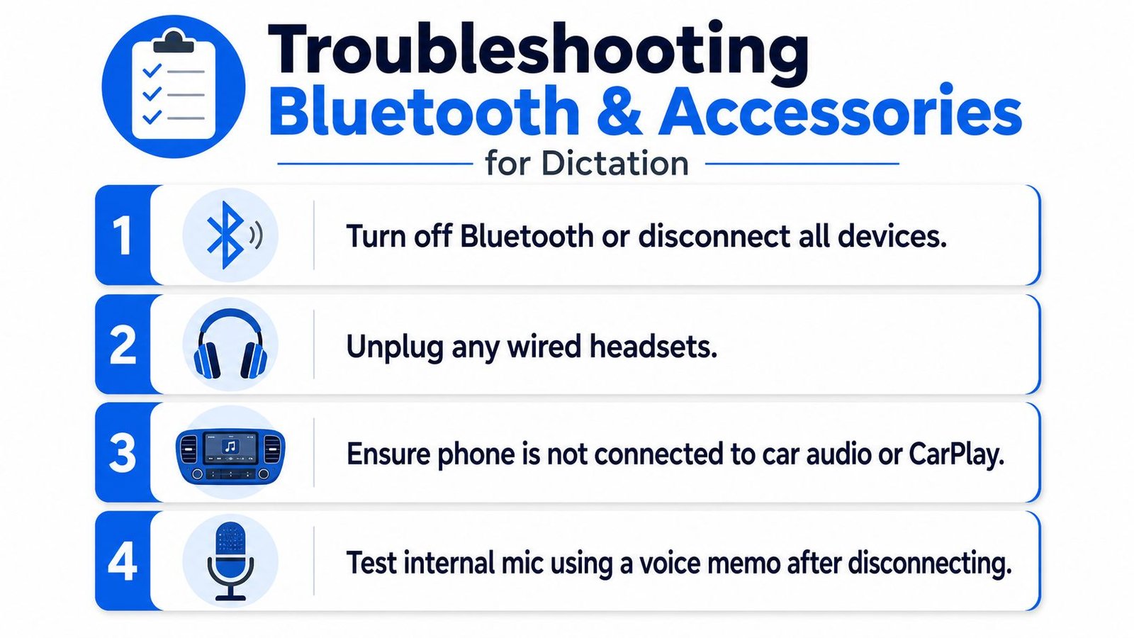 A troubleshooting guide with four numbered steps to resolve dictation issues with Bluetooth and audio accessories.