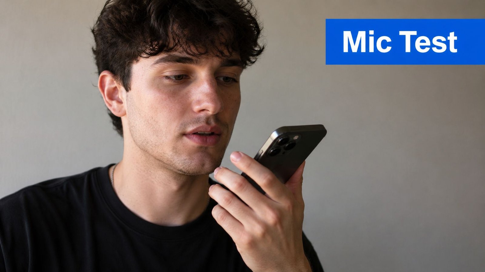 A young man holding a black smartphone close to his mouth while speaking for a microphone test.