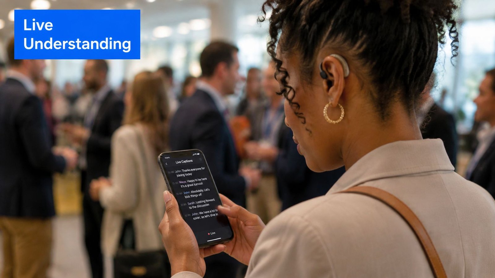 A woman using her smartphone to view real-time live captions during a busy networking conference event.