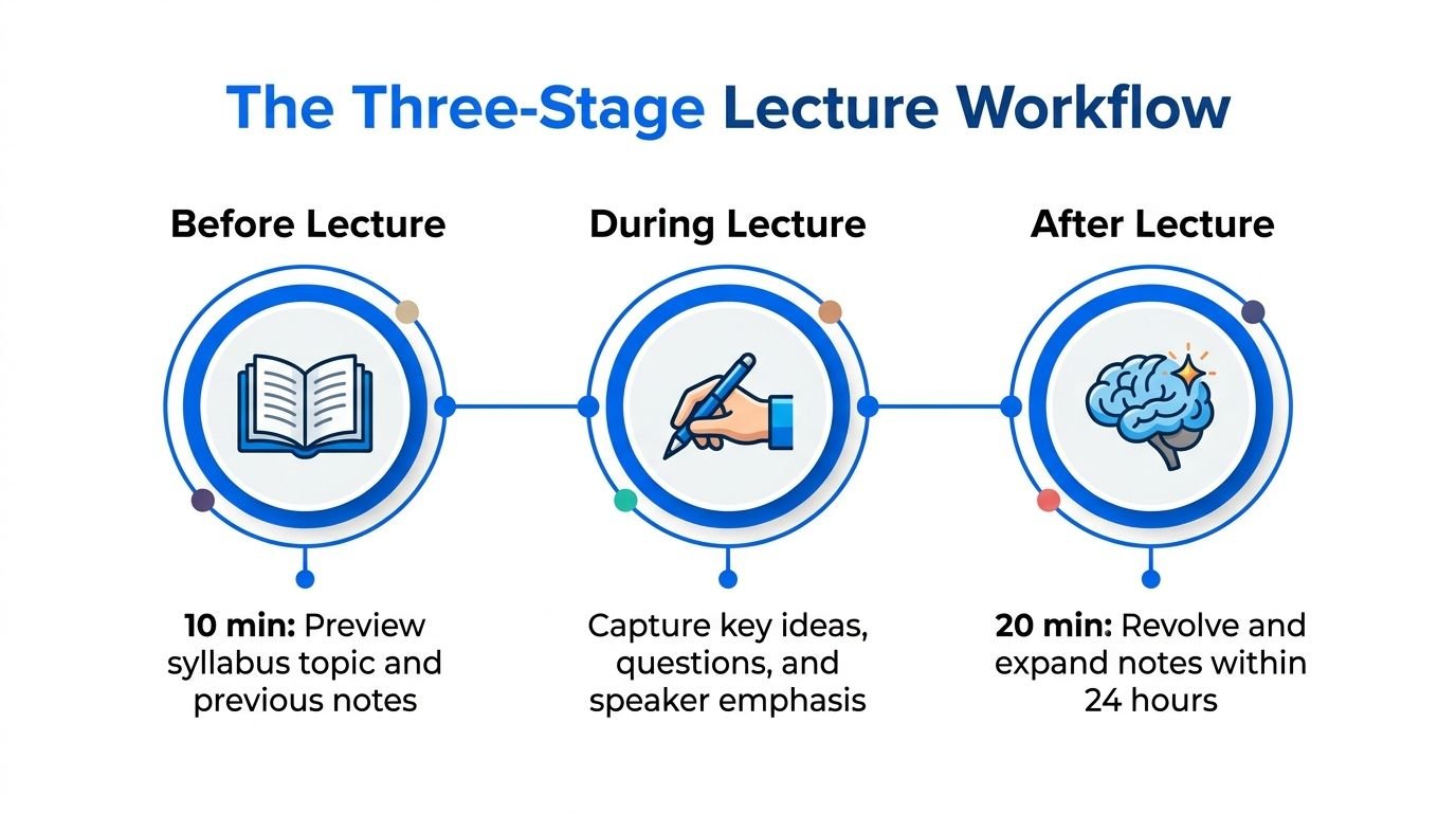 A diagram illustrating the three-stage lecture workflow featuring steps to take before, during, and after class.