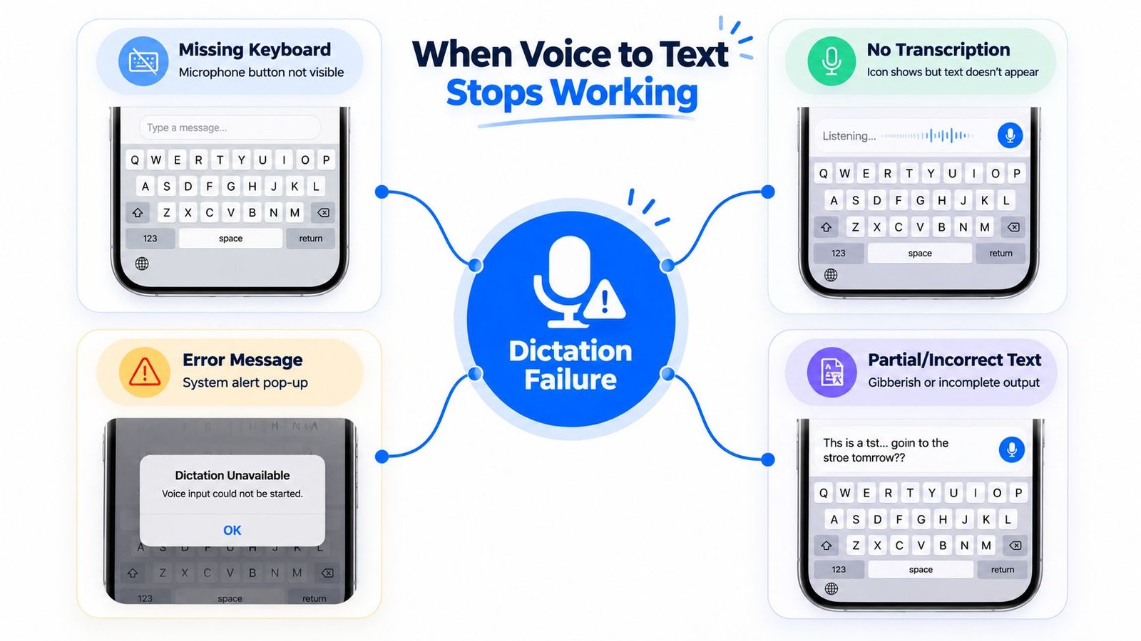 A diagram illustrating common issues encountered when using voice to text features on an iPhone.