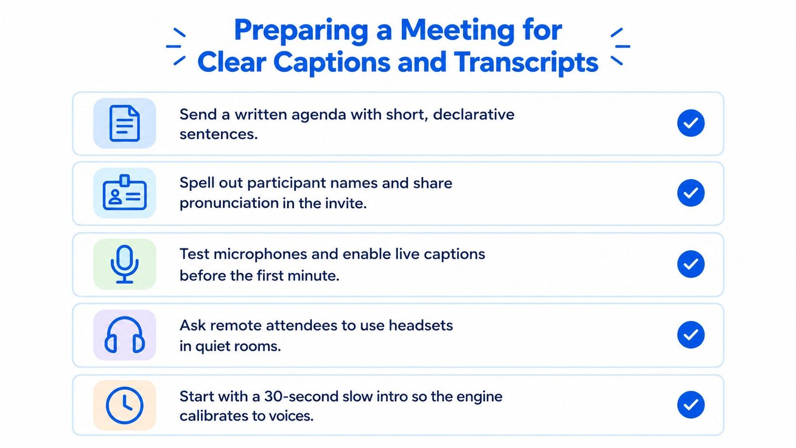 An infographic titled Preparing a Meeting for Clear Captions and Transcripts, featuring five tips with icons.
