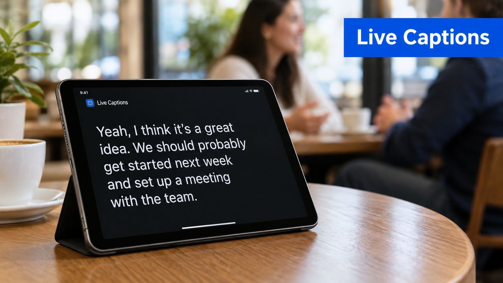 A digital tablet displaying live captions on its screen, positioned on a wooden table in a cafe.