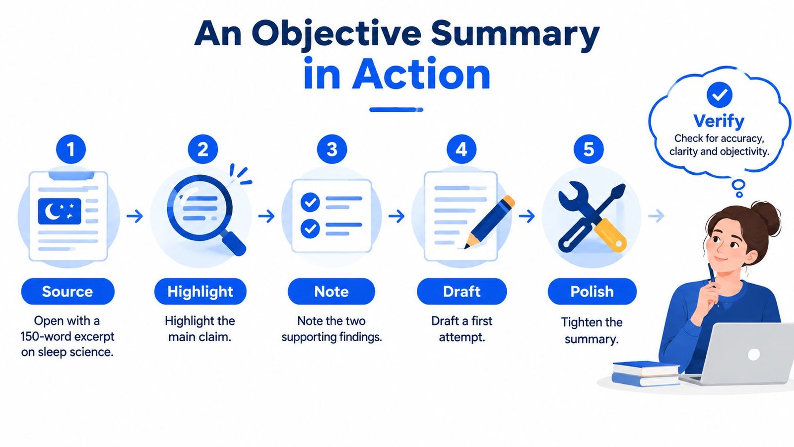 A step-by-step infographic illustrating five stages of creating an objective summary from a research source.