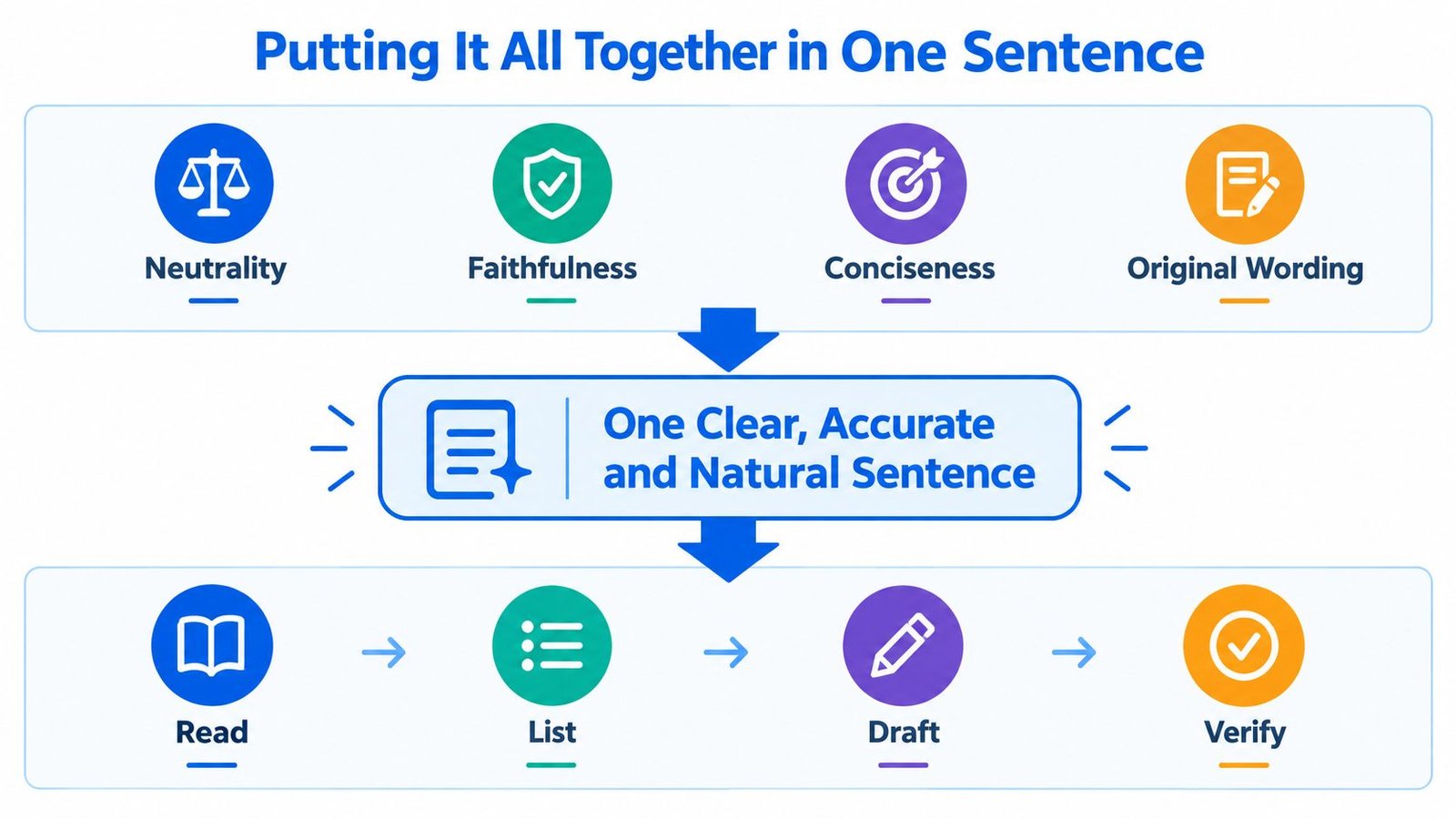 An infographic showing the four principles and four-step process for crafting a single, clear, accurate summary sentence.