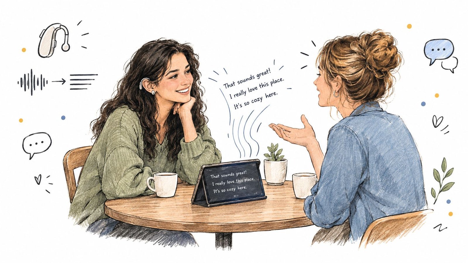 Two women sitting at a table using a tablet that converts speech to text for accessibility.