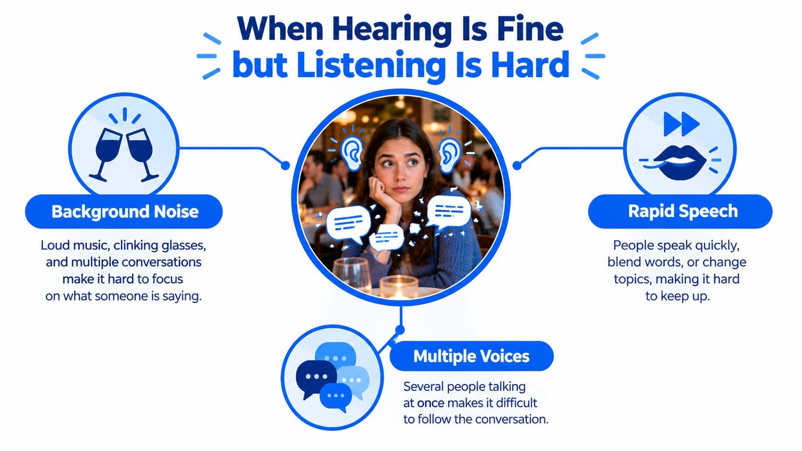 An infographic showing causes of difficulty in listening, including background noise, rapid speech, and multiple voices.