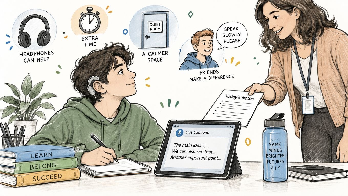 A student with a hearing aid using classroom accommodations like live captions and notes to succeed.