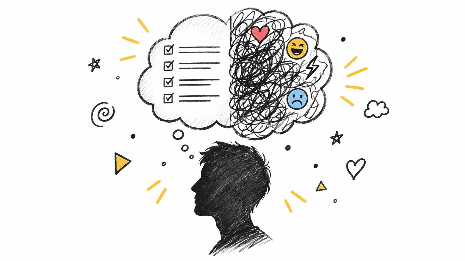 A silhouette of a person thinking, showing a brain split between an organized checklist and chaotic emotions.