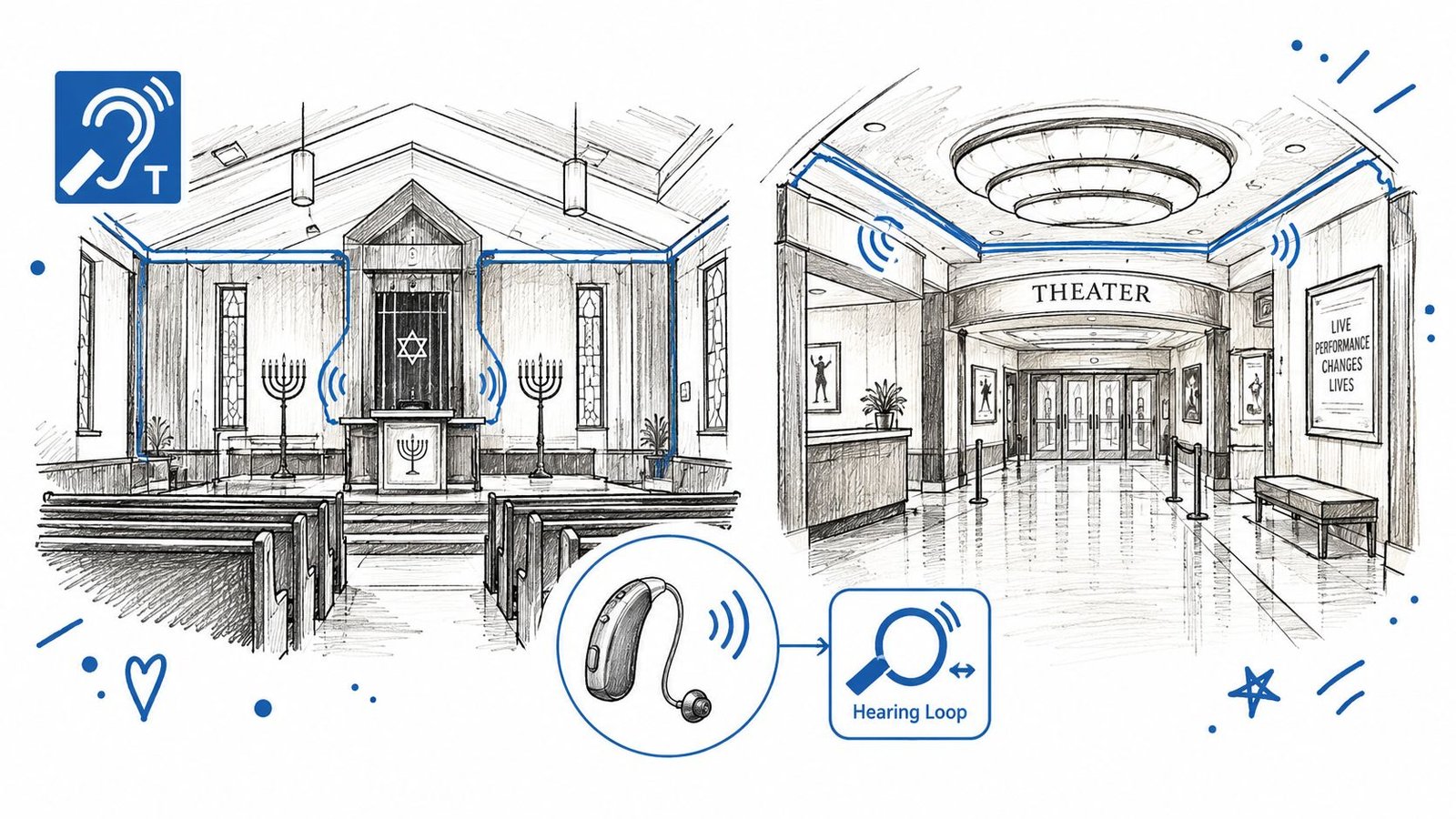 A diagram illustrating how hearing loop technology works in a synagogue and a theater for hearing assistance.
