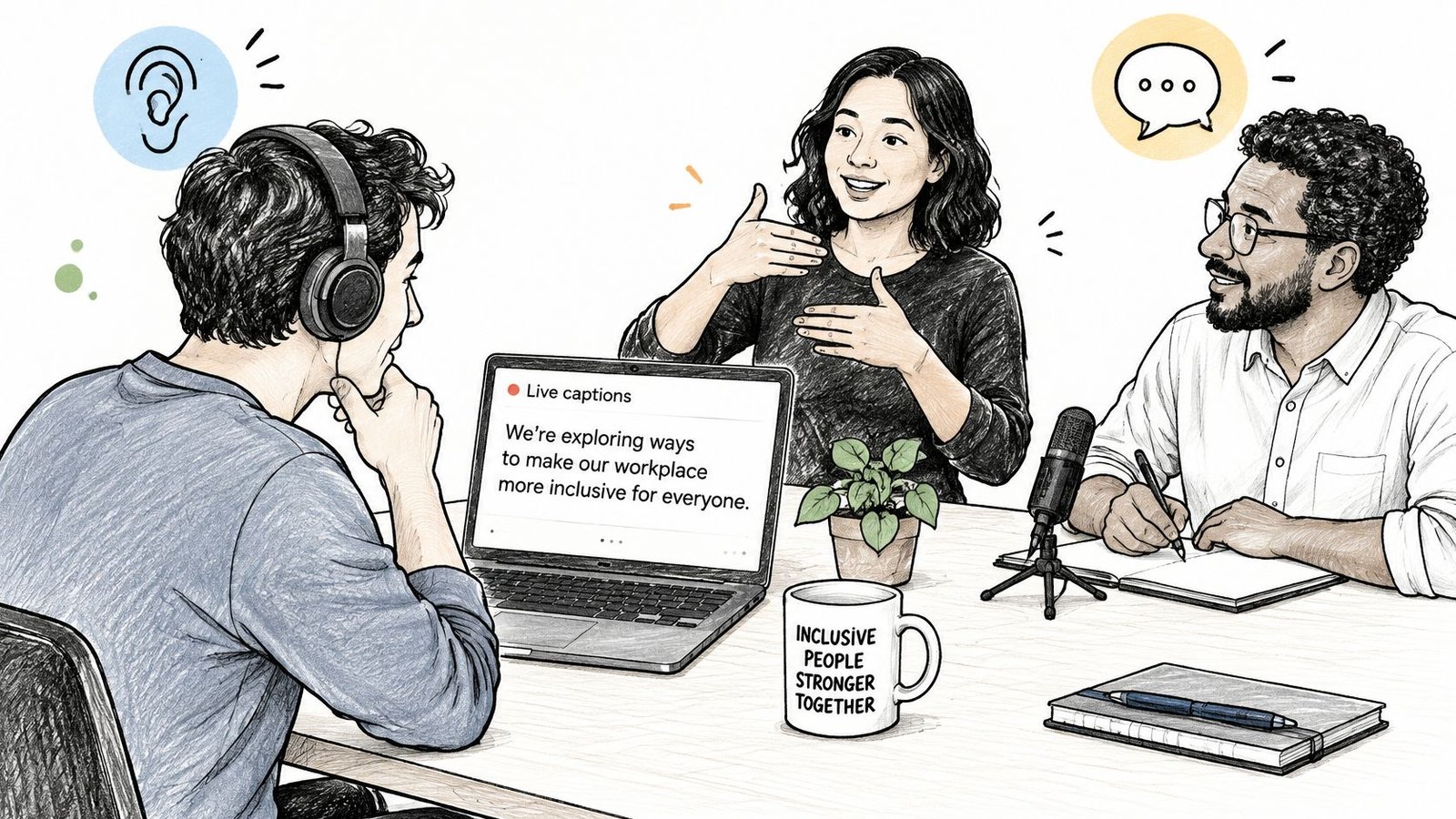 Three colleagues collaborating at a table using a laptop with live captioning software for inclusive communication.