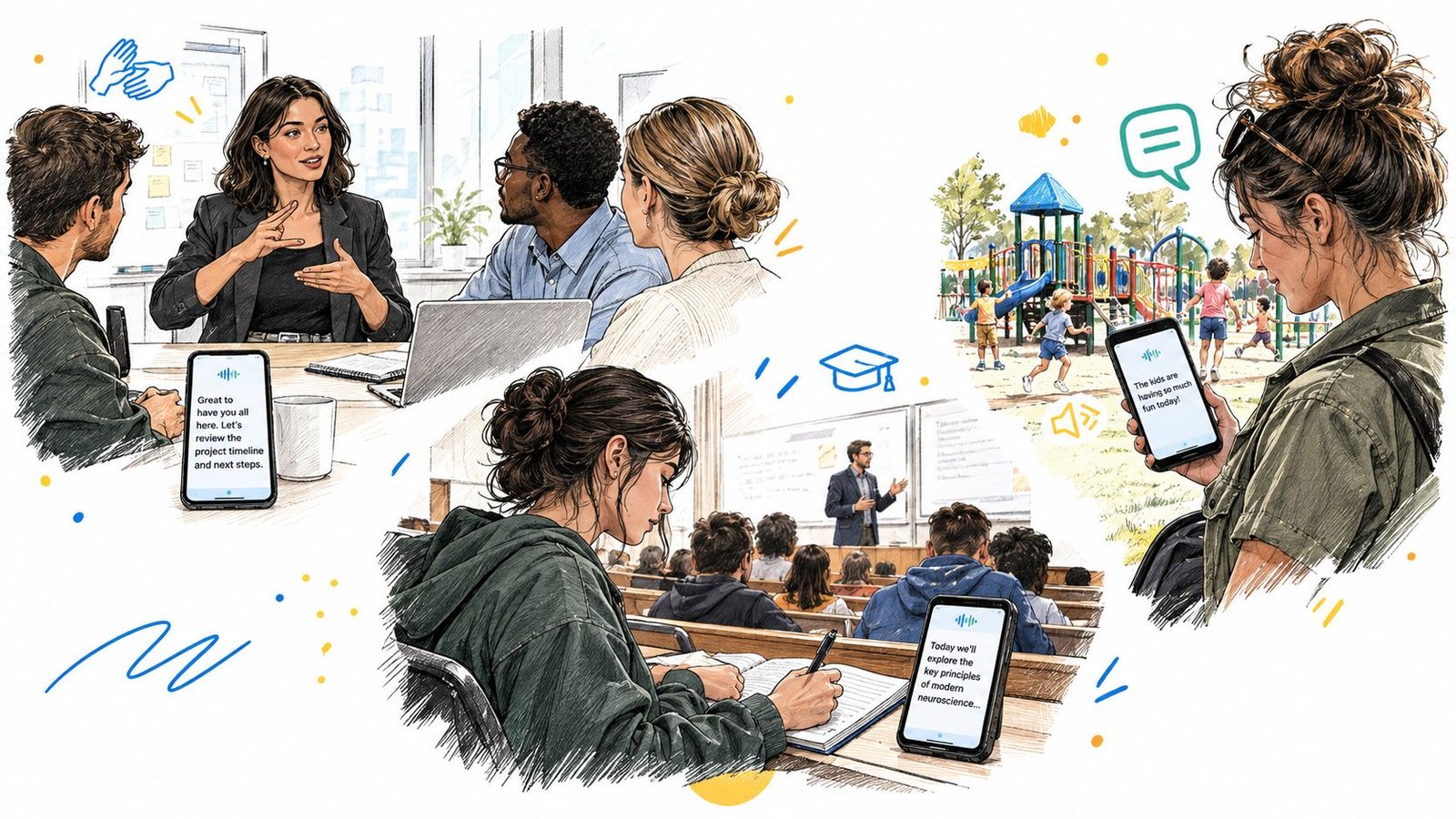 A split image illustration showing people using real-time captioning apps on smartphones in office, classroom, and playground settings.