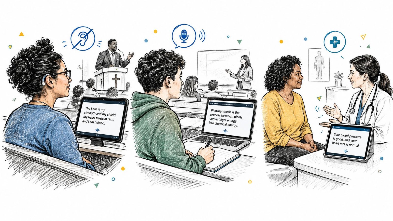 Three illustrations showing people using real-time voice-to-text technology in a church, classroom, and medical office setting.