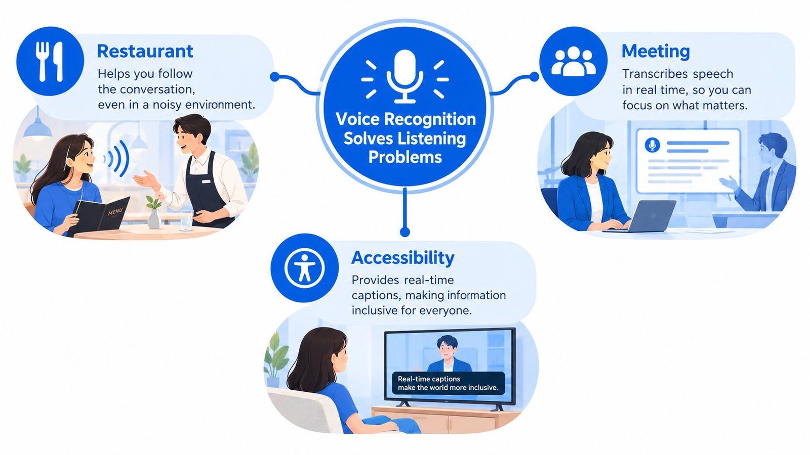 A graphic illustration showing how voice recognition technology assists in restaurants, meetings, and general accessibility features.